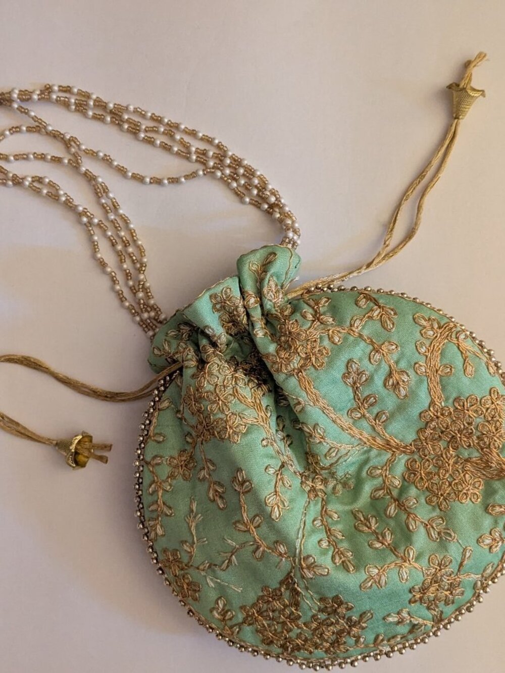 Raw Silk Potli Ethnic Bridal Bag Wristlet Mint Green Beaded Embroidered
